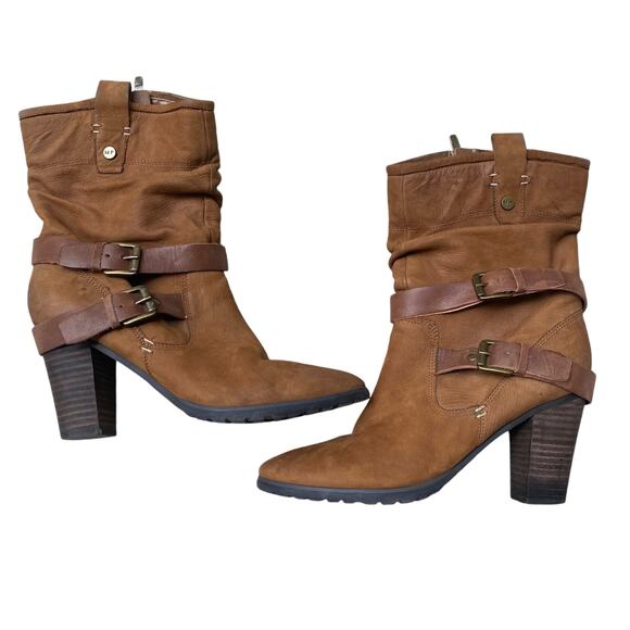 Marc Fisher Famous Brown Leather Slouch Boots 9 Block Heel Western Boho Cowgirl - Picture 2 of 13